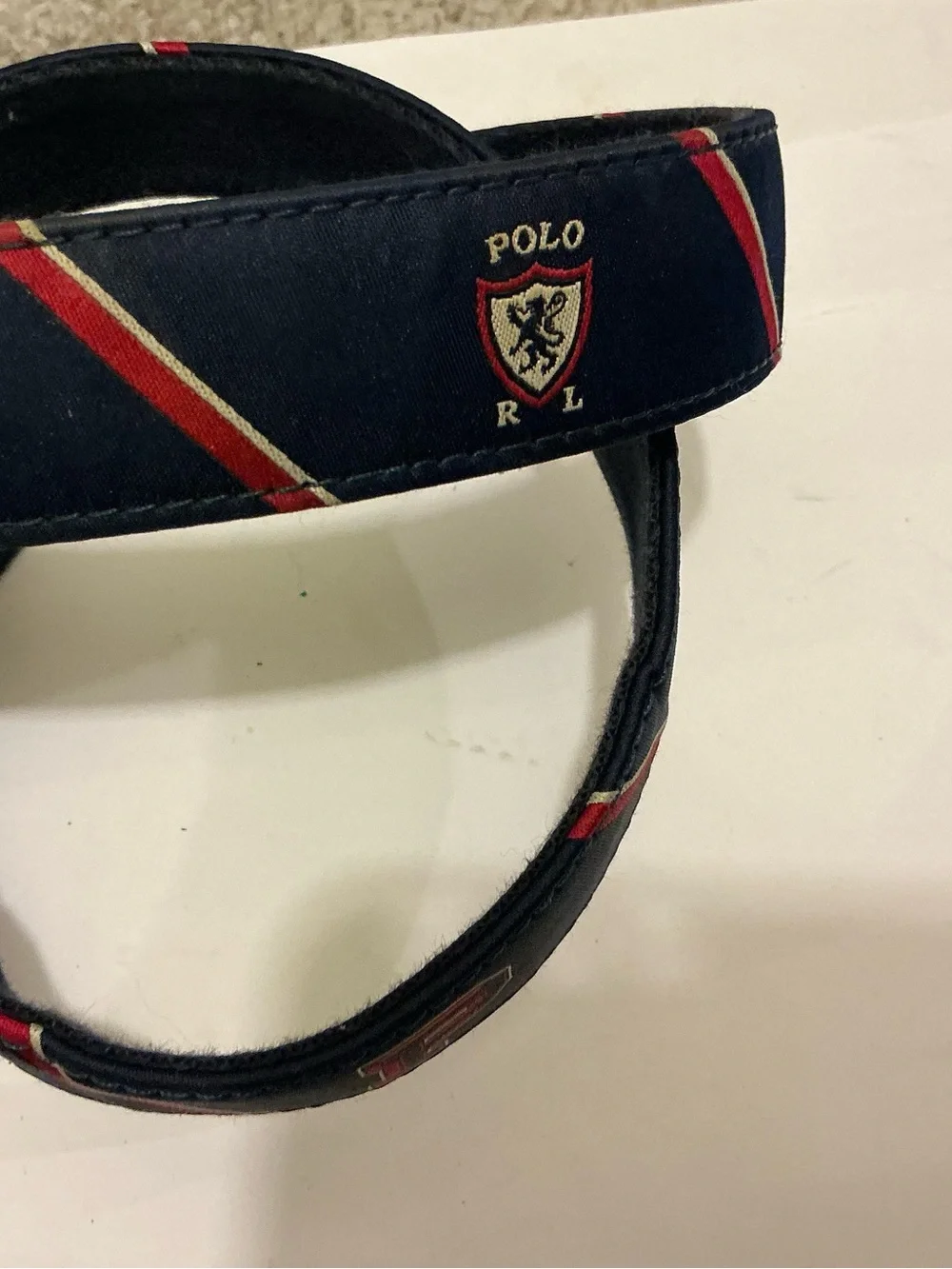 Polo Ralph Lauren Navy Blue Red Striped Logo Crest Belt Men’s Sz 42/105 vintage